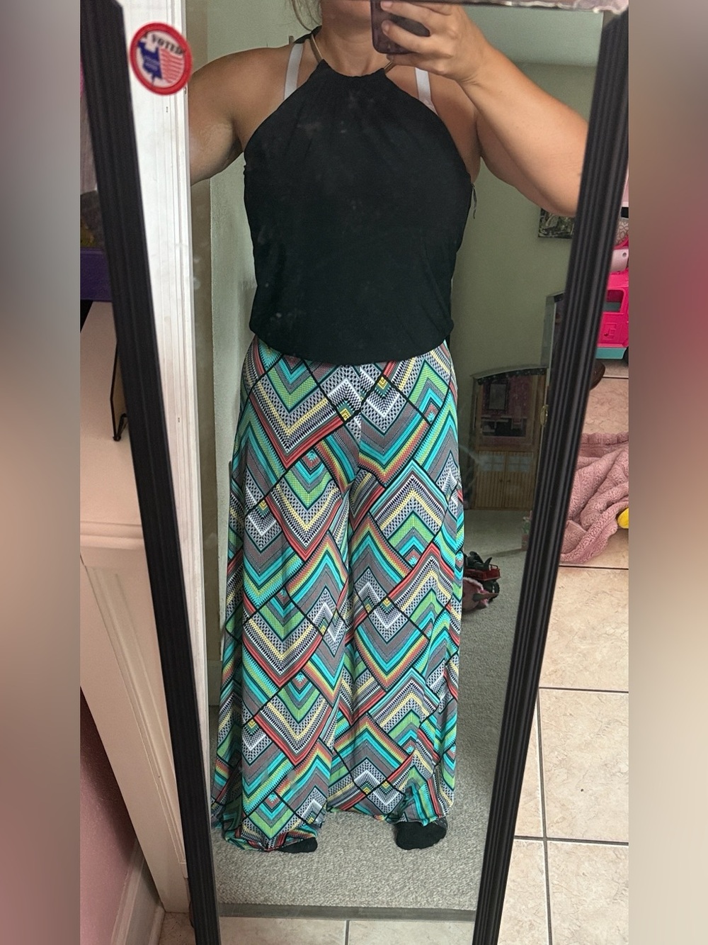 MSK Black Halter Jumpsuit with Multicolor Chevron Print Wide Legs Bottom